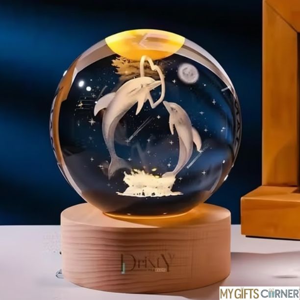 3D Dolphin Crystal Globe with LED Wooden Base